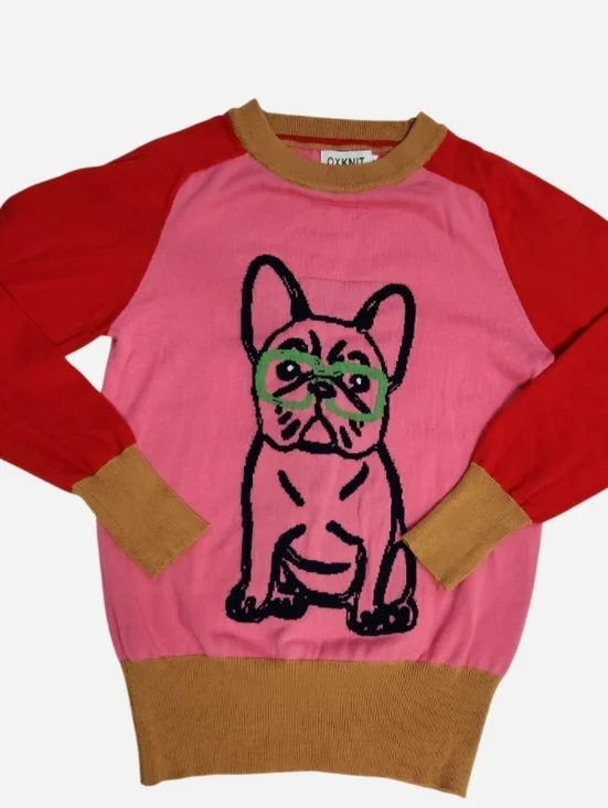 Oxknit French Bulldog Graphic Sweater Pink & Red Colorblock Medium - Picture 1 of 7